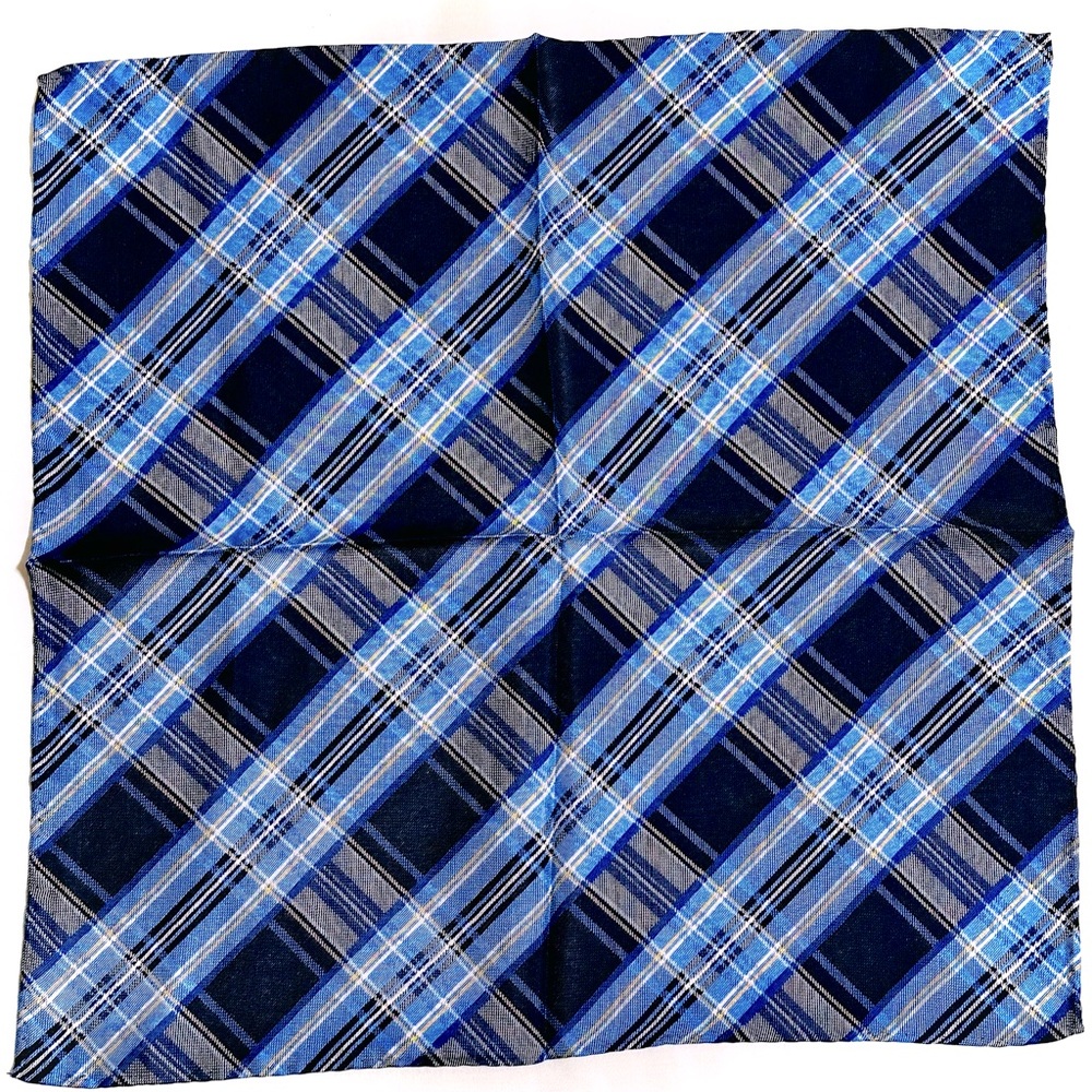 100% SILK MEN’S POCKET SQUARE HANKIE — ELEGANT CLASSIC COBALT BLUE PLAID